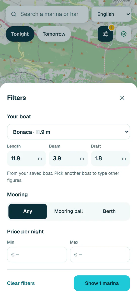 Hullo's filters on a phone: the skipper's boat Bonaca, 11.9 m long, 3.9 m beam and 1.8 m draft, and a choice of mooring ball or berth.