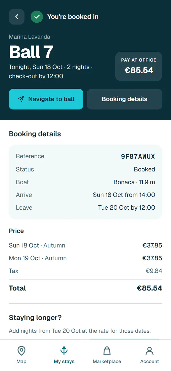 The booking in the Hullo app: Ball 7 at Marina Lavanda, tonight for two nights, €85.54 to pay at the office.