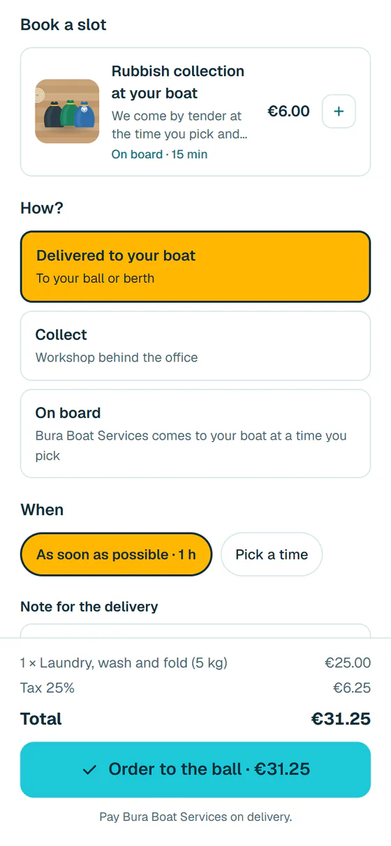 Choosing how an order arrives: delivered to your boat, collected from the workshop, or on board at a time the skipper picks.