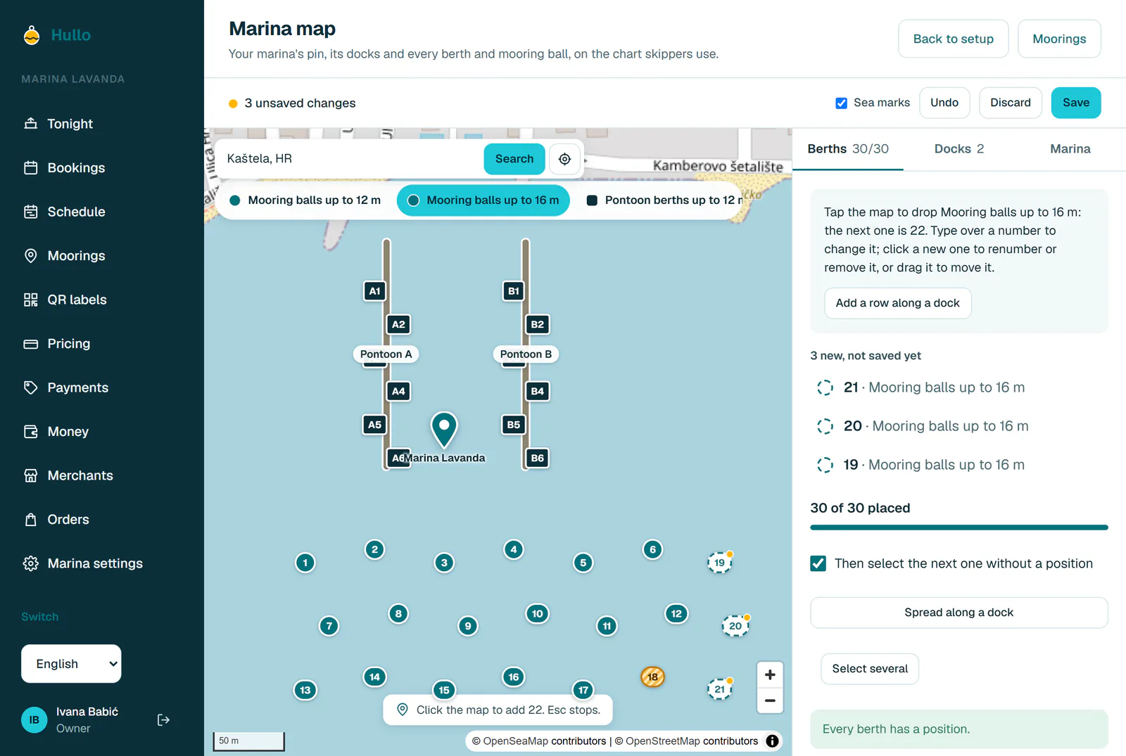 The marina map in the Hullo portal: two pontoons with their berths, a field of numbered mooring balls, and three new balls just tapped onto the map.