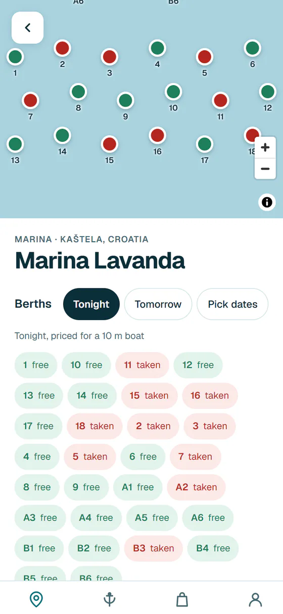 Marina Lavanda's page in the Hullo app: a chart of the mooring field, and which balls and berths are free or taken tonight.