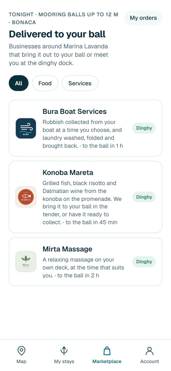 The marketplace for Marina Lavanda in the Hullo app: Bura Boat Services, Konoba Mareta and Mirta Massage, each with its logo.