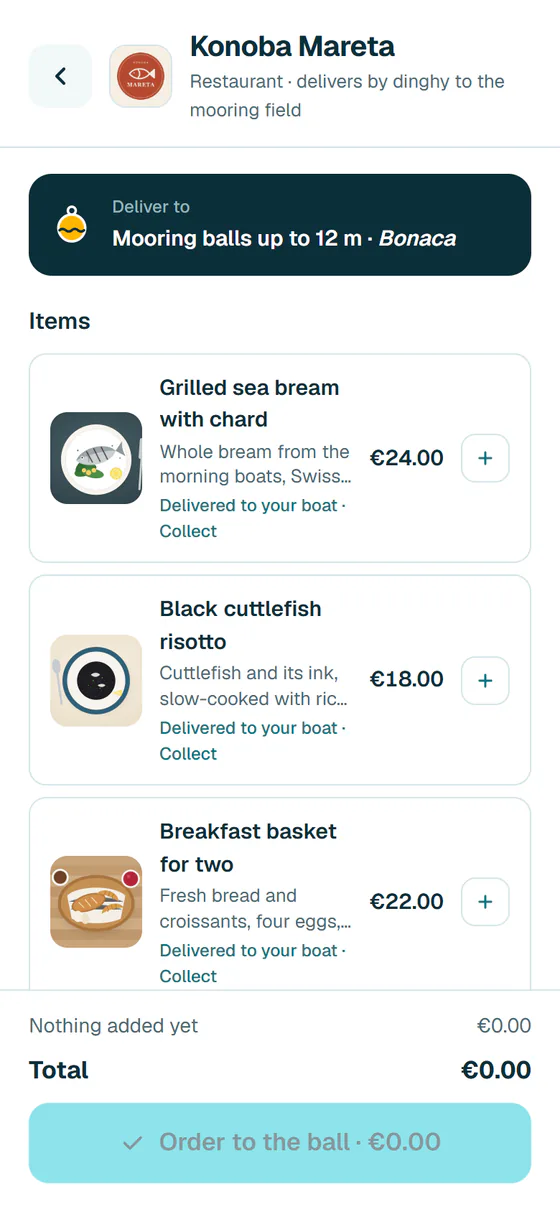Konoba Mareta in the Hullo app: grilled sea bream, black cuttlefish risotto and a breakfast basket, each with a photo and a price.