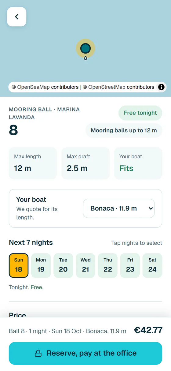 Ball 8 at Marina Lavanda: free tonight, fits the skipper's boat, €42.77 for one night, with the button Reserve, pay at the office.