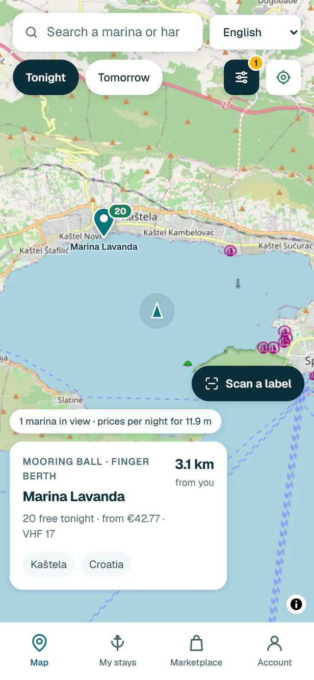 The Hullo map on a phone: Marina Lavanda's pin shows 20 moorings free tonight, from €42.77 a night, 3.1 km from the skipper.